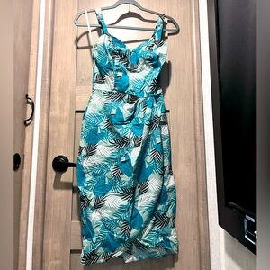 Collectif Tropical Blue and White Leaf Print Dress sz small